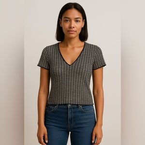 ZARA Black & White Textured Stripe V-Neck Short Sleeve Top Size S